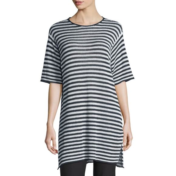 NWOT EILEEN FISHER Half Sleeve Striped Organic Linen Tunic Top Medium - Picture 1 of 8